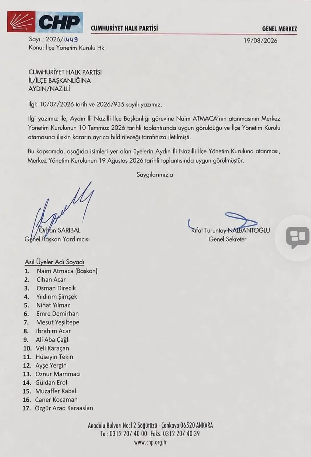 Chp Nazillide Yonetim Listesi Belli Oldu 2