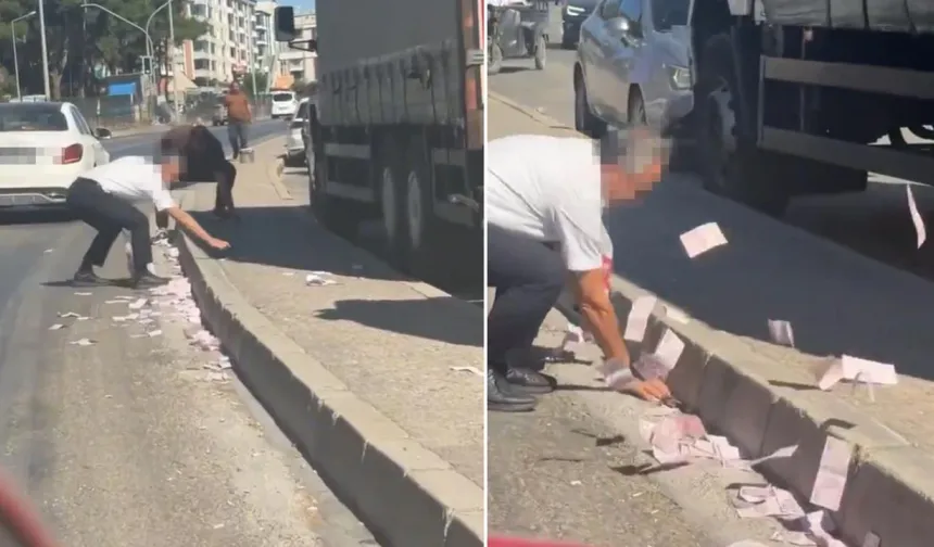 Trafikte çuval dolusu para yola saçıldı